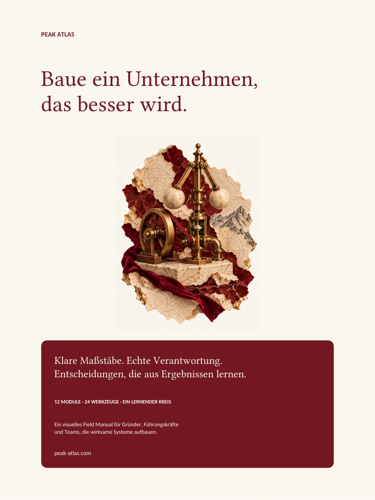 Rückcover Seite 62 „Baue ein Unternehmen, das besser wird.“: Fliehkraftregler-Maschine auf gerissenen Karten, darunter ein bordeauxrotes Feld mit Klare Maßstäbe, Echte Verantwortung, Entscheidungen, die aus Ergebnissen lernen