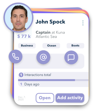Jamie CRM Screenshot: Kontaktprofil mit Interaktionsverlauf