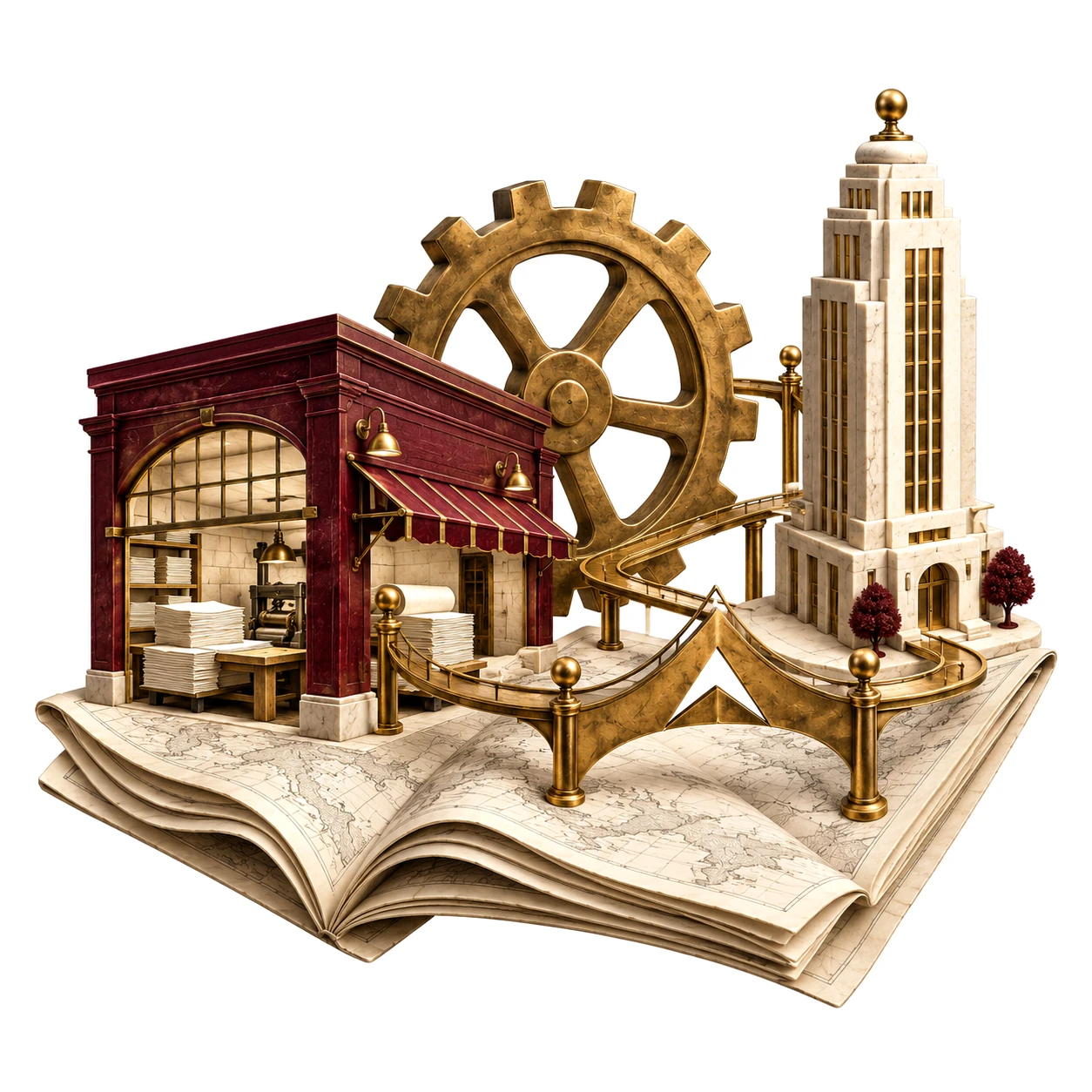 Freigestellte Komposition: Eine Miniatur-Gewerbewelt auf einer aufgeschlagenen Karte – Zahnrad, Werkstatt, Turm und Peak-Atlas-Brücken – Metapher für unterschiedliche Branchen mit eigenen Abläufen.