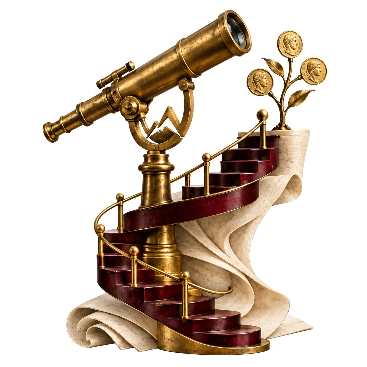 Freigestellte Komposition: Ein Messingteleskop auf einer bordeauxroten Wendeltreppe, die aus Pergament aufsteigt; oben wachsen goldene Münzen wie Blätter – Metapher für Weitblick und Wachstum.