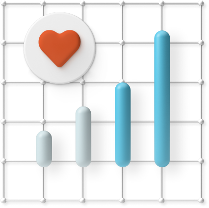 3D-Illustration: Herz-Symbol und wachsendes Balkendiagramm