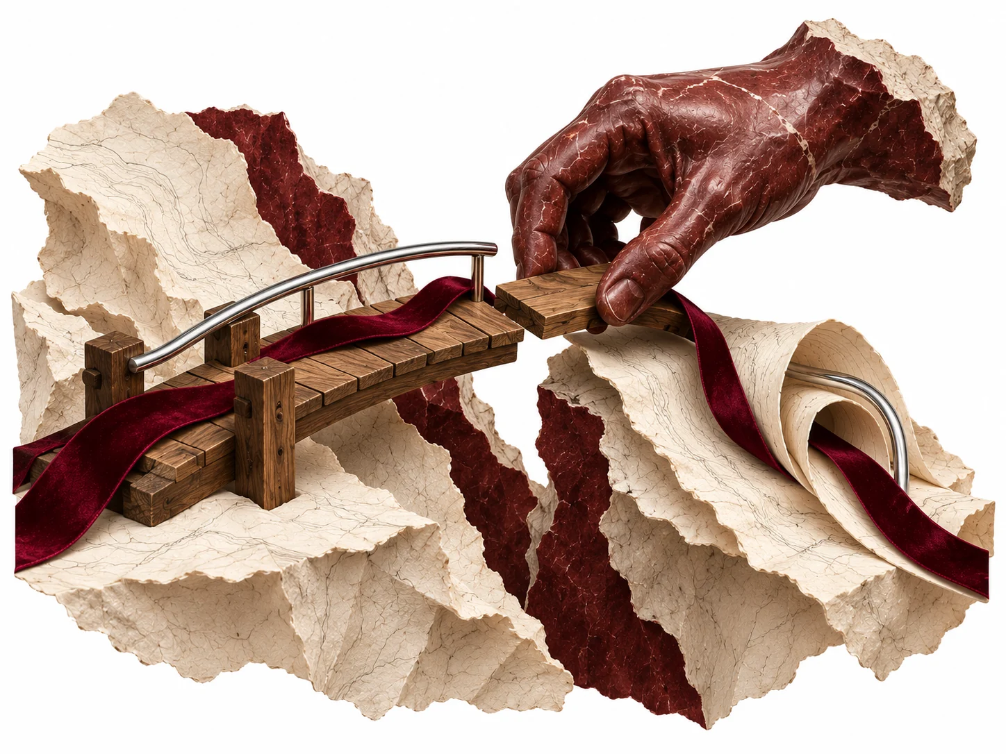 Eine rote Skulpturhand ergänzt eine kleine Holzbrücke zwischen Papierterrassen und prüft damit einen einzelnen Ablauf.