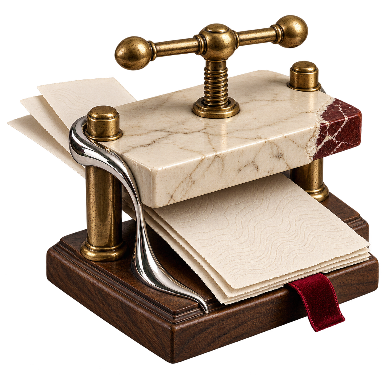 Illustration: Papierpresse aus Marmor, Holz und Messing