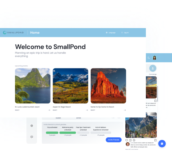 Willkommensbildschirm der SmallPond-App mit Reisefotos