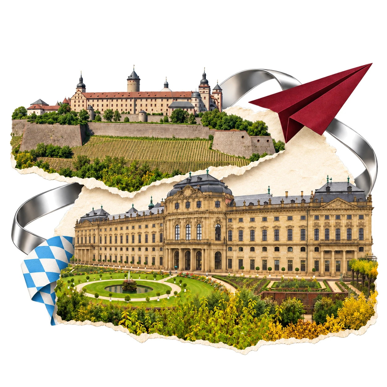 Collage der Würzburger Residenz und Festung Marienberg mit weiß-blauem Bayern-Akzent.