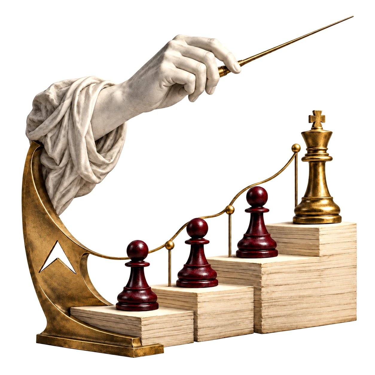 Freigestellte Komposition: Eine weiße skulpturale Hand hält einen goldenen Zeiger über abgestufte Holzblöcke, auf denen bordeauxrote Spielfiguren und ein goldener König stehen – Metapher für Führung und Priorität.