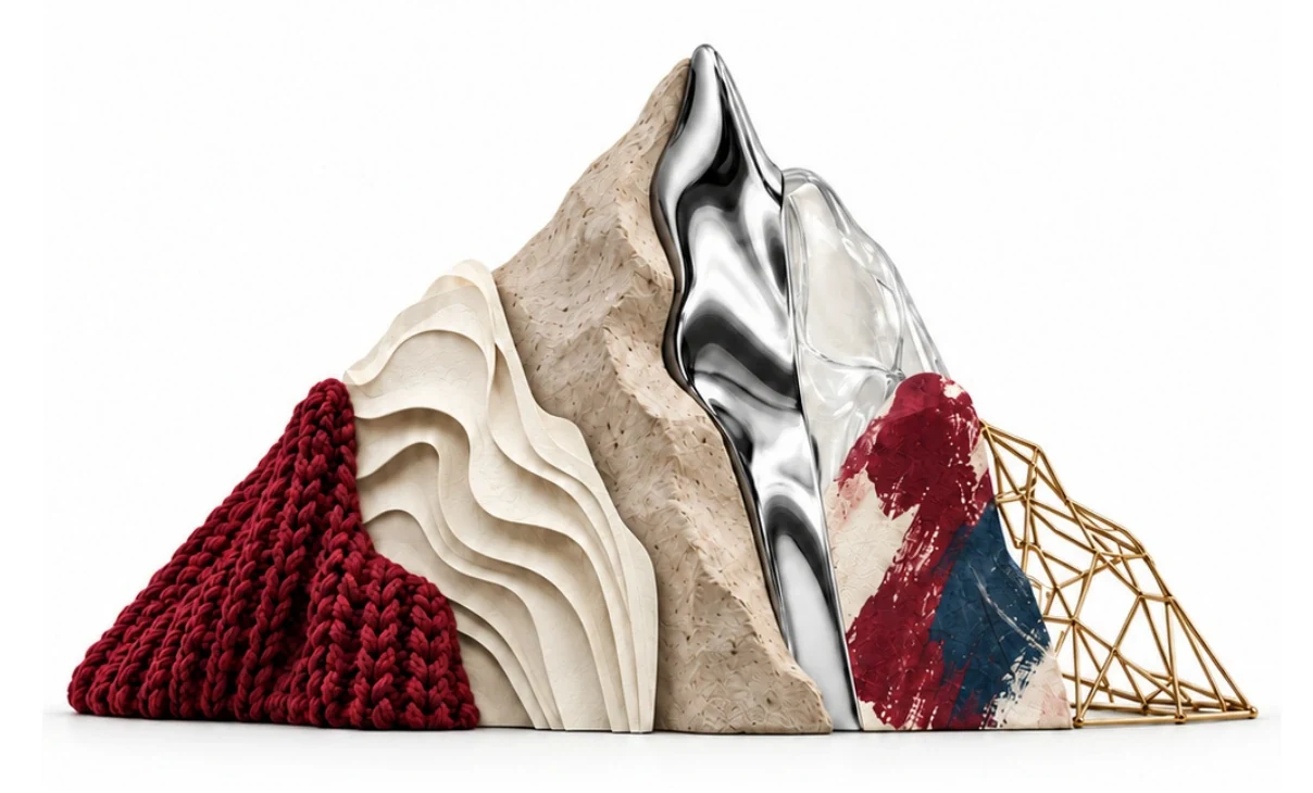 Berg vom Cover des Peak Visual Atlas aus Strick, Papier, Stein, Chrom, Glas, Gouache und Draht