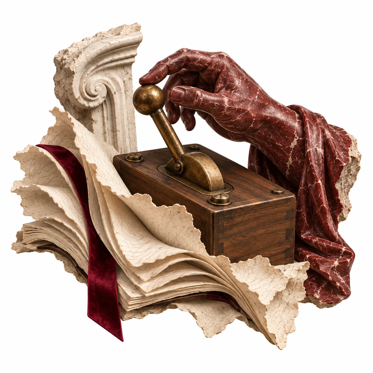 Eine rote Skulpturhand neben einem manuellen Messinghebel und Papierhandbuch steht für Kontrolle im Betrieb.