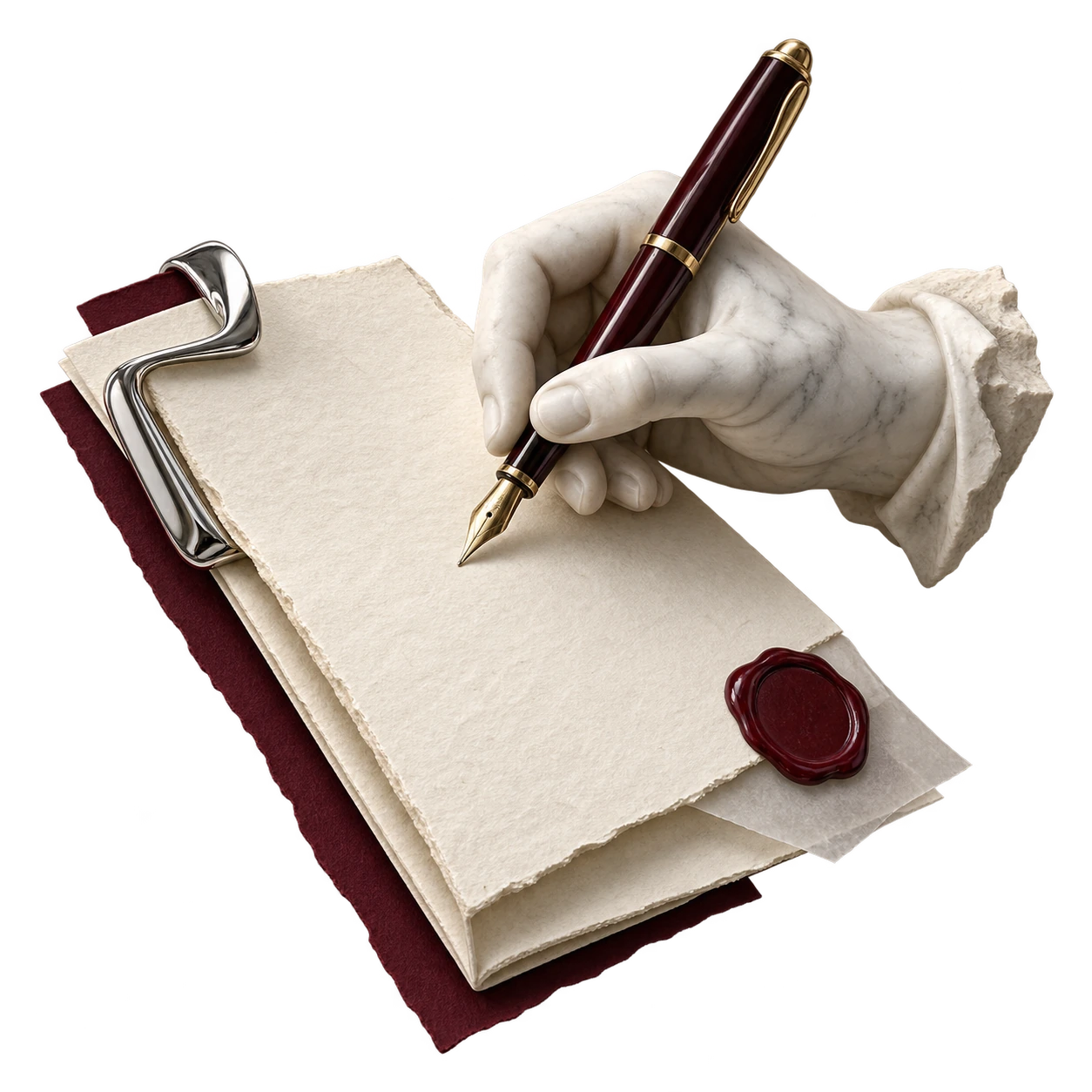 Freigestelltes Motiv: Eine Marmorhand unterschreibt mit einem burgunderroten Füller auf Büttenpapier an einem Chromclip, daneben ein burgunderrotes Wachssiegel – Metapher für verbindliche Abschlüsse.