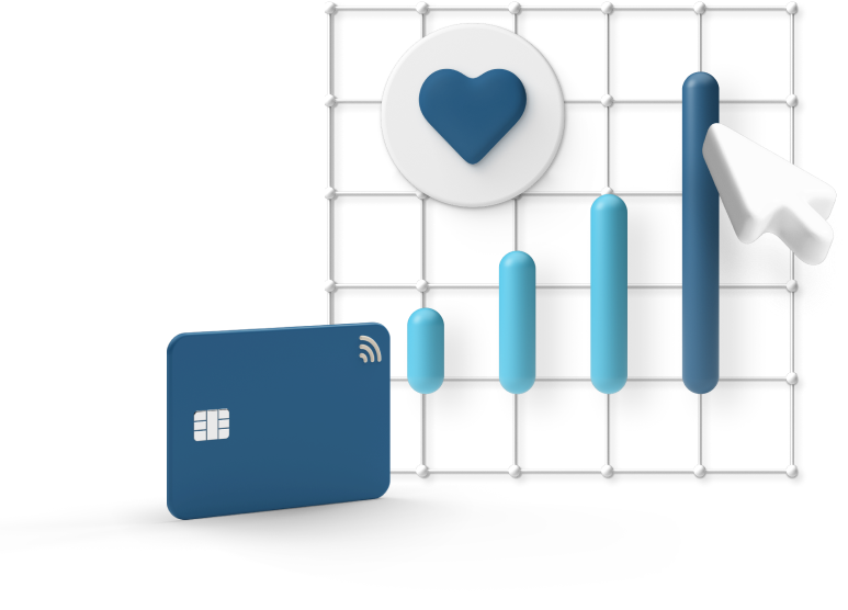 3D-Illustration: wachsendes Balkendiagramm mit Herz-Symbol und Kreditkarte