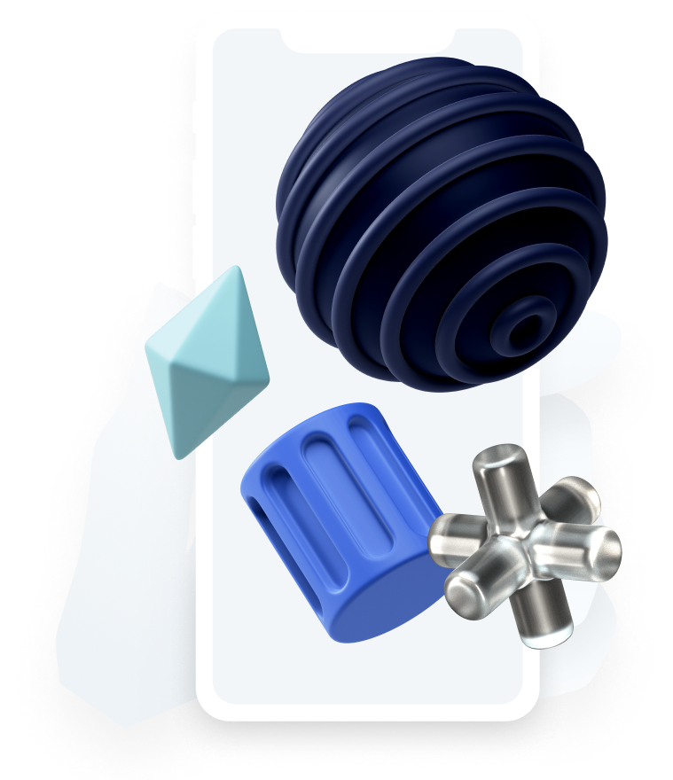 3D-Illustration: geometrische Formen in Dunkelblau, Silber und Mint