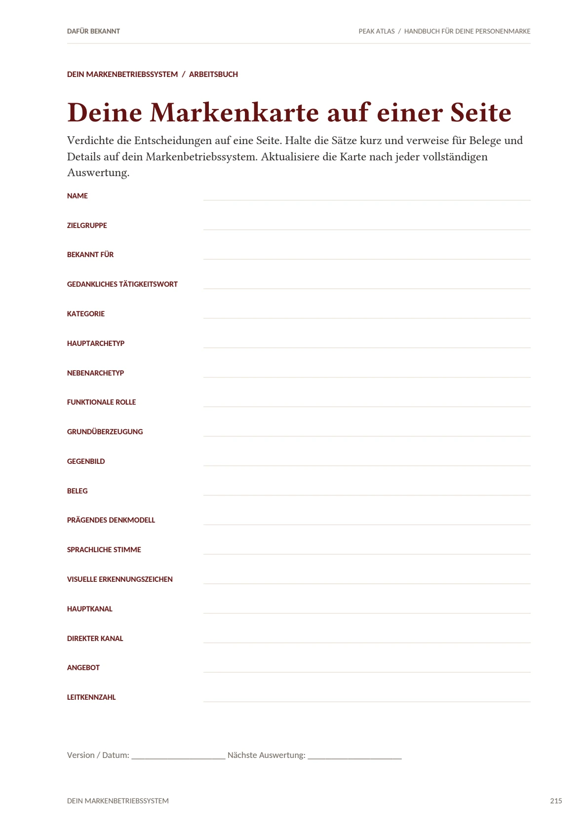 Buchseite 215 „Deine Markenkarte auf einer Seite“: Formular mit Zeilen für Name, Zielgruppe, Bekannt für, gedankliches Tätigkeitswort, Kategorie, Haupt- und Nebenarchetyp, funktionale Rolle, Grundüberzeugung, Gegenbild, Beleg, Denkmodell, Stimme, Erkennungszeichen, Kanäle, Angebot und Leitkennzahl