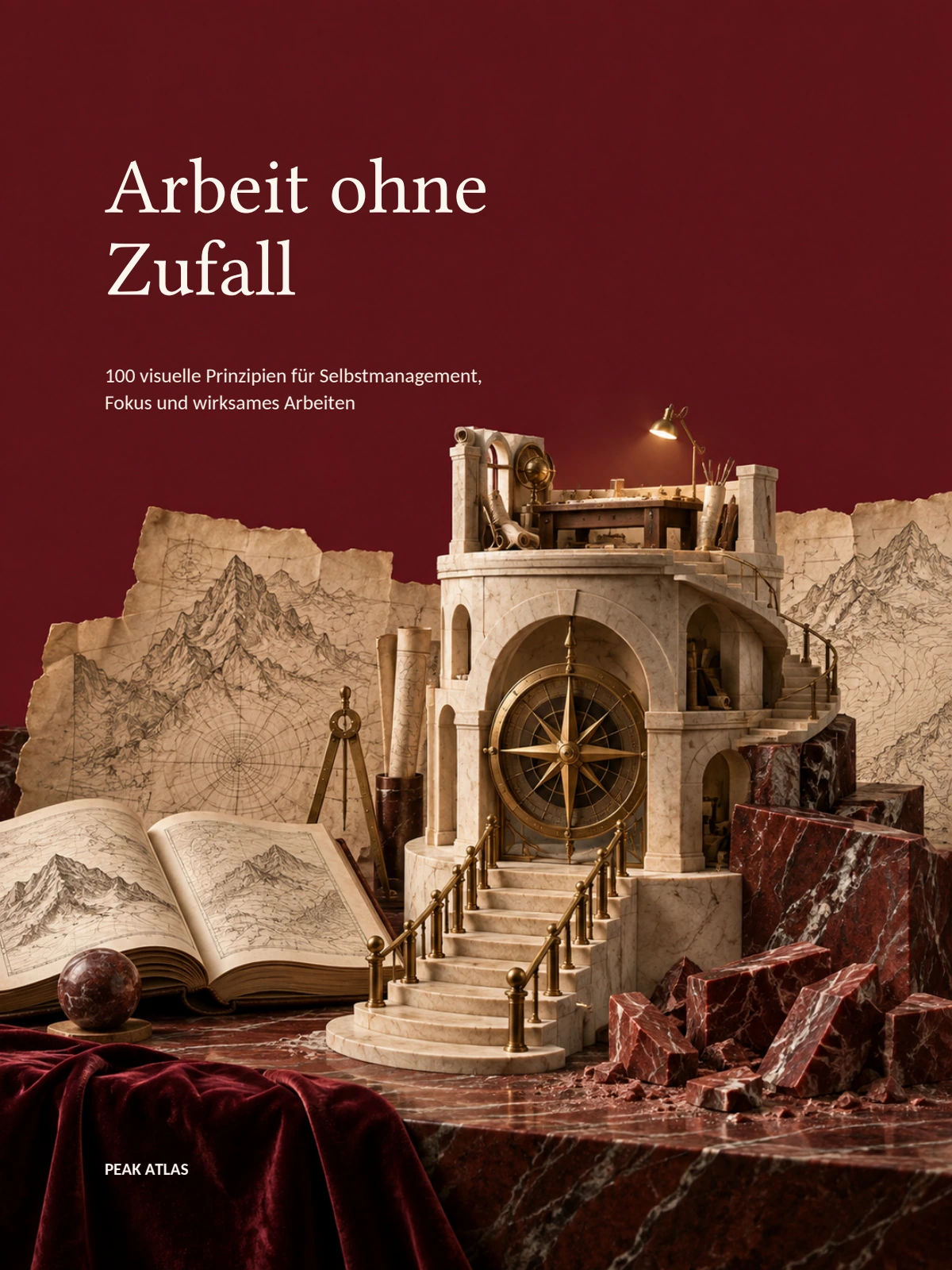 Cover von Arbeit ohne Zufall: Marmorwerkstatt mit Kompassrose, Treppe mit Messinggeländer und Landkarten vor burgunderrotem Hintergrund