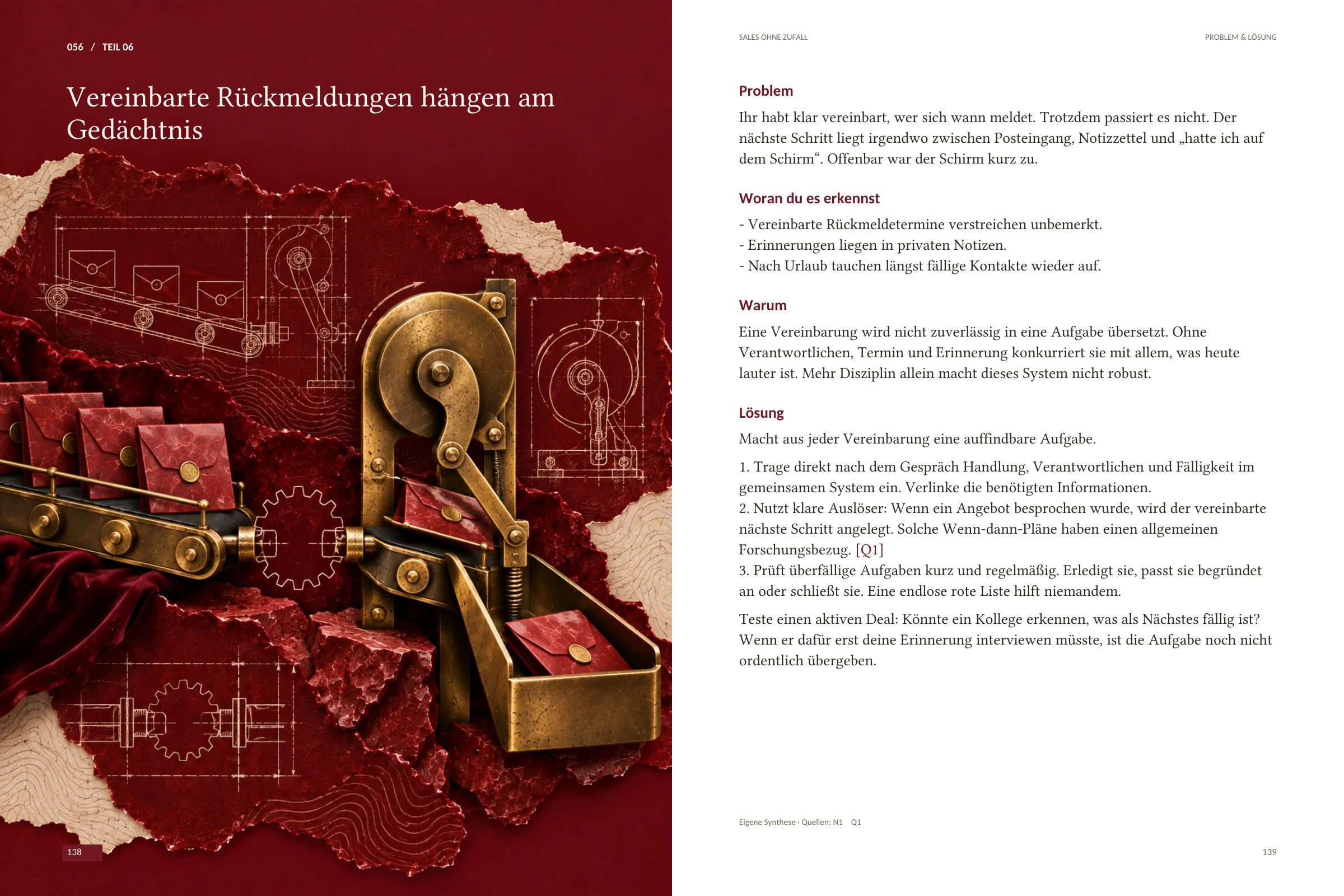 Doppelseite Kapitel 056 „Vereinbarte Rückmeldungen hängen am Gedächtnis“: links eine Illustration mit gelbem Sanduhr-Motiv, Kalendermarken und Puzzleteilen, rechts die weiße Textseite mit Problem, Woran du es erkennst, Warum und Lösung