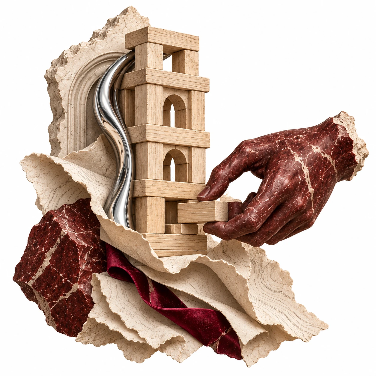 Eine rote Skulpturhand ergänzt den fehlenden Grundstein eines Holzturms auf gefalteten Papierlagen.