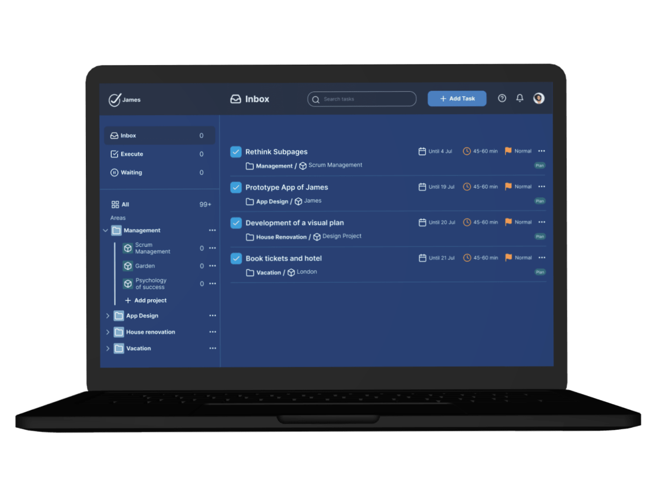 James-App auf dem Laptop mit Inbox- und Projektansicht
