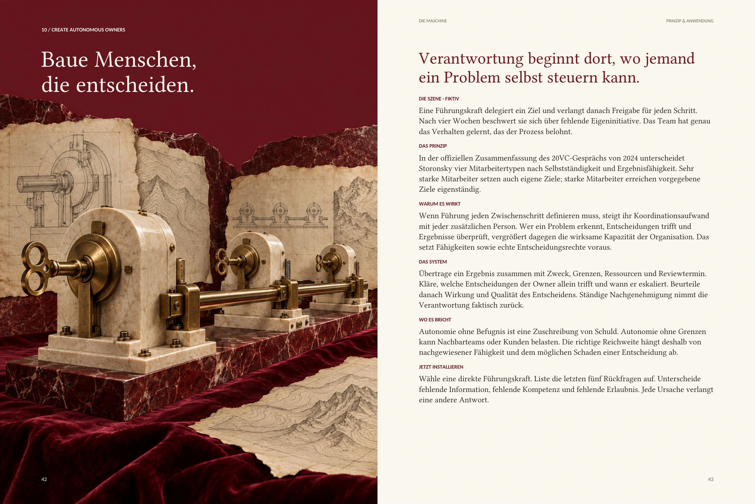 Doppelseite 42–43, Modul 10 „Baue Menschen, die entscheiden.“: links drei Marmorlager mit Messingkurbeln auf einer gemeinsamen Welle, rechts der Text zu Verantwortung, Entscheidungsrechten und Reichweite