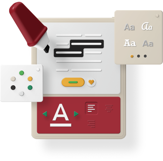 3D-Illustration eines Reglers und typografischer Elemente in Rot und Beige