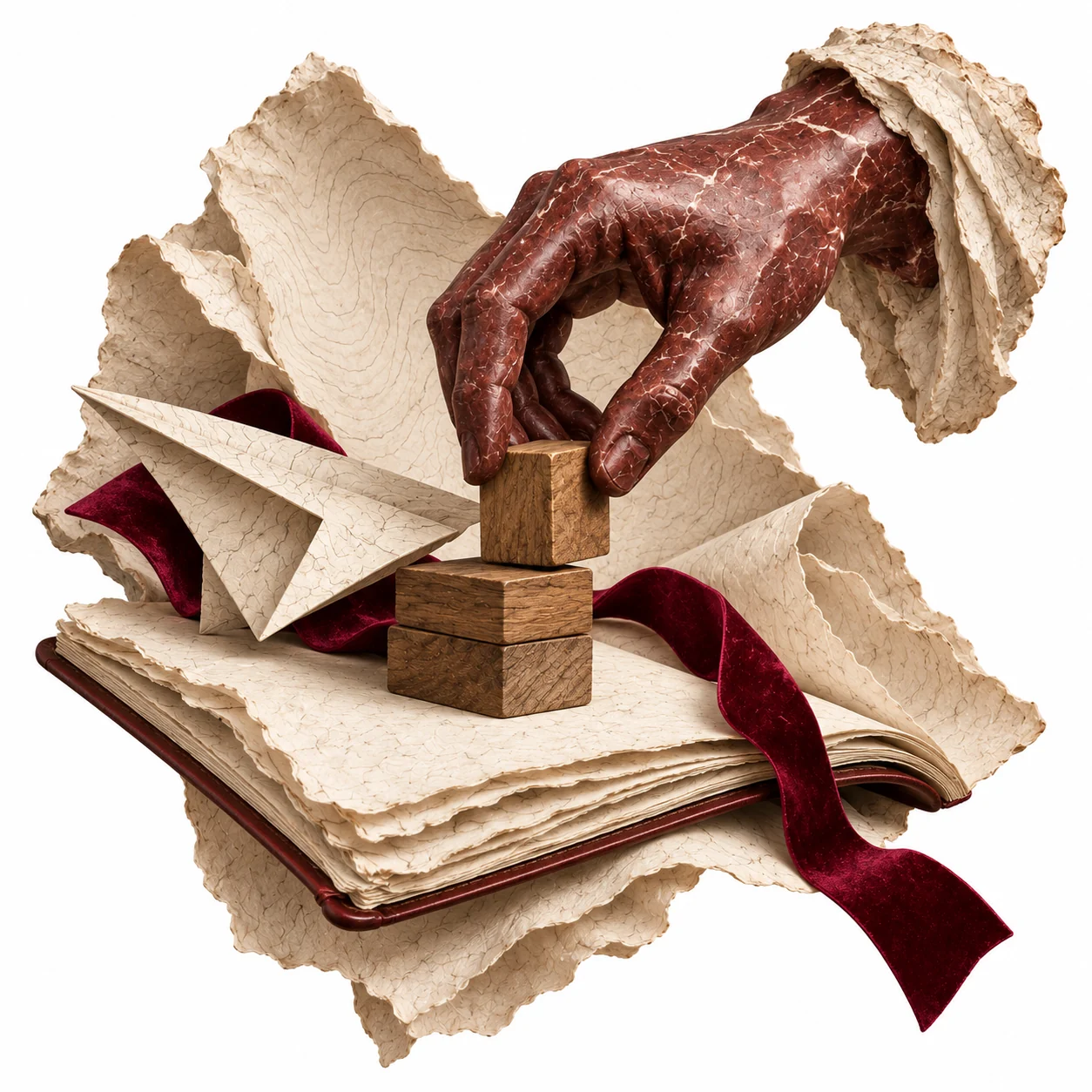 Eine rote Skulpturhand legt einen einzelnen Holzbaustein auf ein Papierheft – der erste klar abgegrenzte Anwendungsfall.