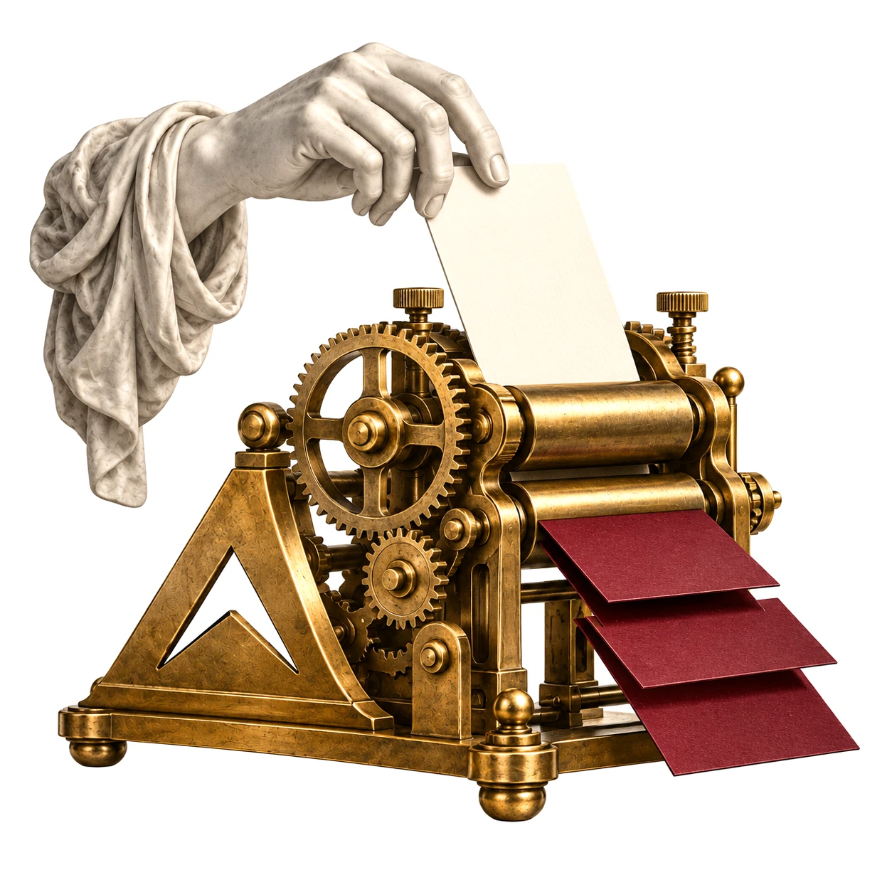 Freigestellte Komposition: Eine weiße Hand führt eine leere Karte in eine Messing-Druckpresse, aus der bordeauxrote Karten ausgegeben werden – Metapher für wiederholbare, automatisierte Arbeit.