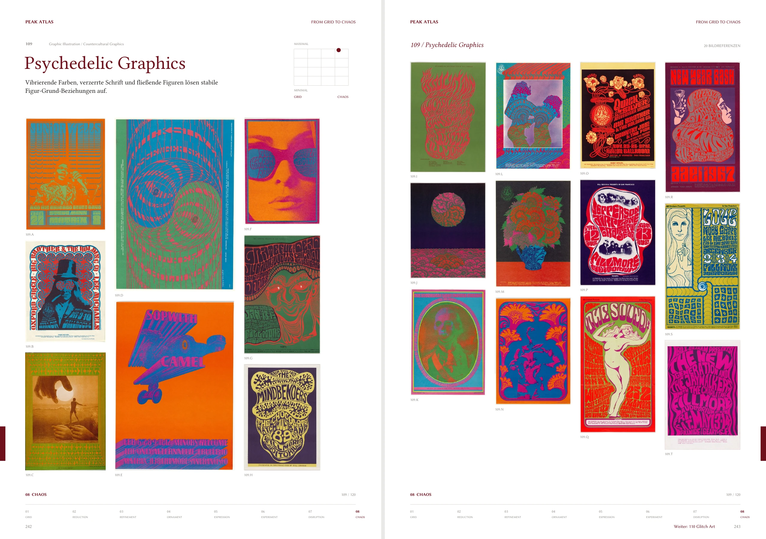 Doppelseite 242–243: Psychedelic Graphics mit leuchtenden Farben und verzerrter Typografie