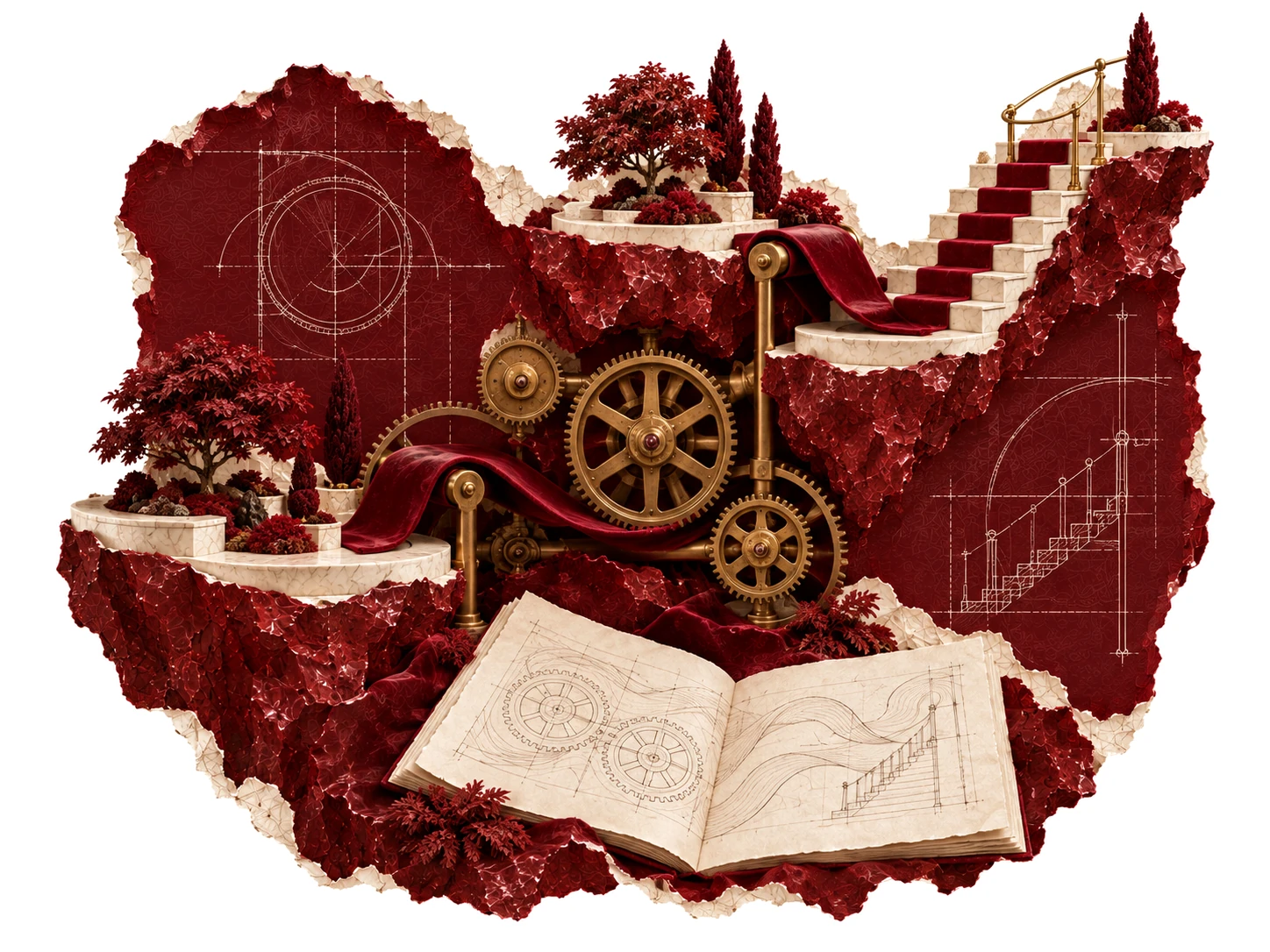 Gerissene Papiercollage in Bordeaux und Marmor: ein goldenes Zahnradwerk treibt ein rotes Band über Marmorterrassen mit kleinen Bäumen, eine Treppe führt nach oben, davor ein aufgeschlagenes Skizzenbuch mit Konstruktionszeichnungen – Metapher für Abläufe, die ineinandergreifen.