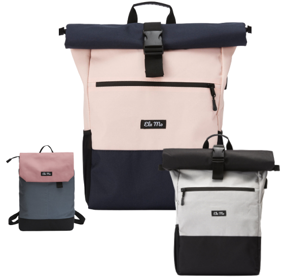 Zwei Ela-Mo-Rucksäcke in Rosa und Grau