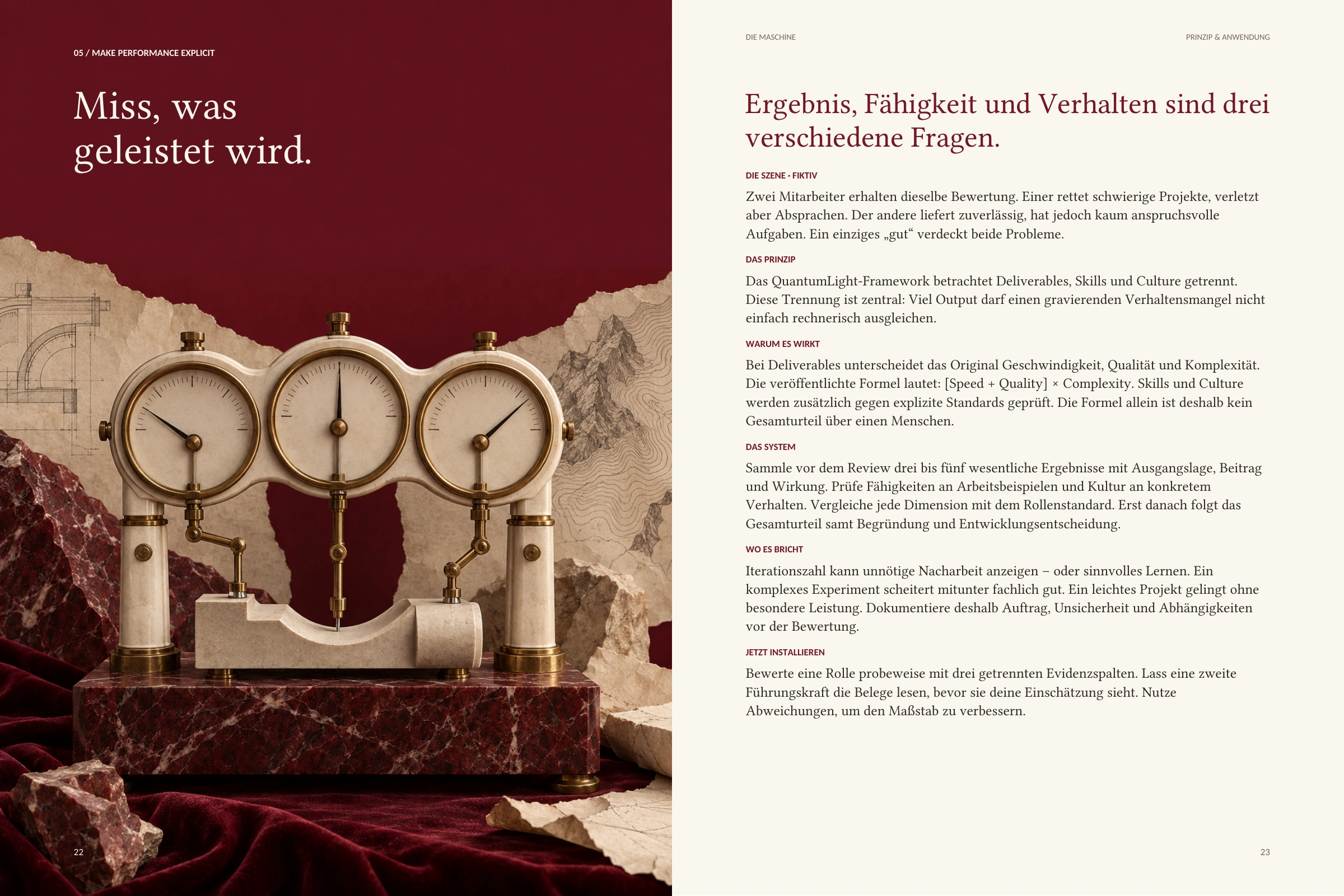 Doppelseite 22–23, Modul 05 „Miss, was geleistet wird.“: links drei Messinstrumente mit Zifferblättern auf Marmorsockel, rechts der Text zu Ergebnis, Fähigkeit und Verhalten als drei verschiedenen Fragen