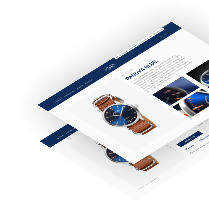 Perspektivische Ansicht der neuen Mühle-Glashütte-Website mit der Modellseite Panova Blue