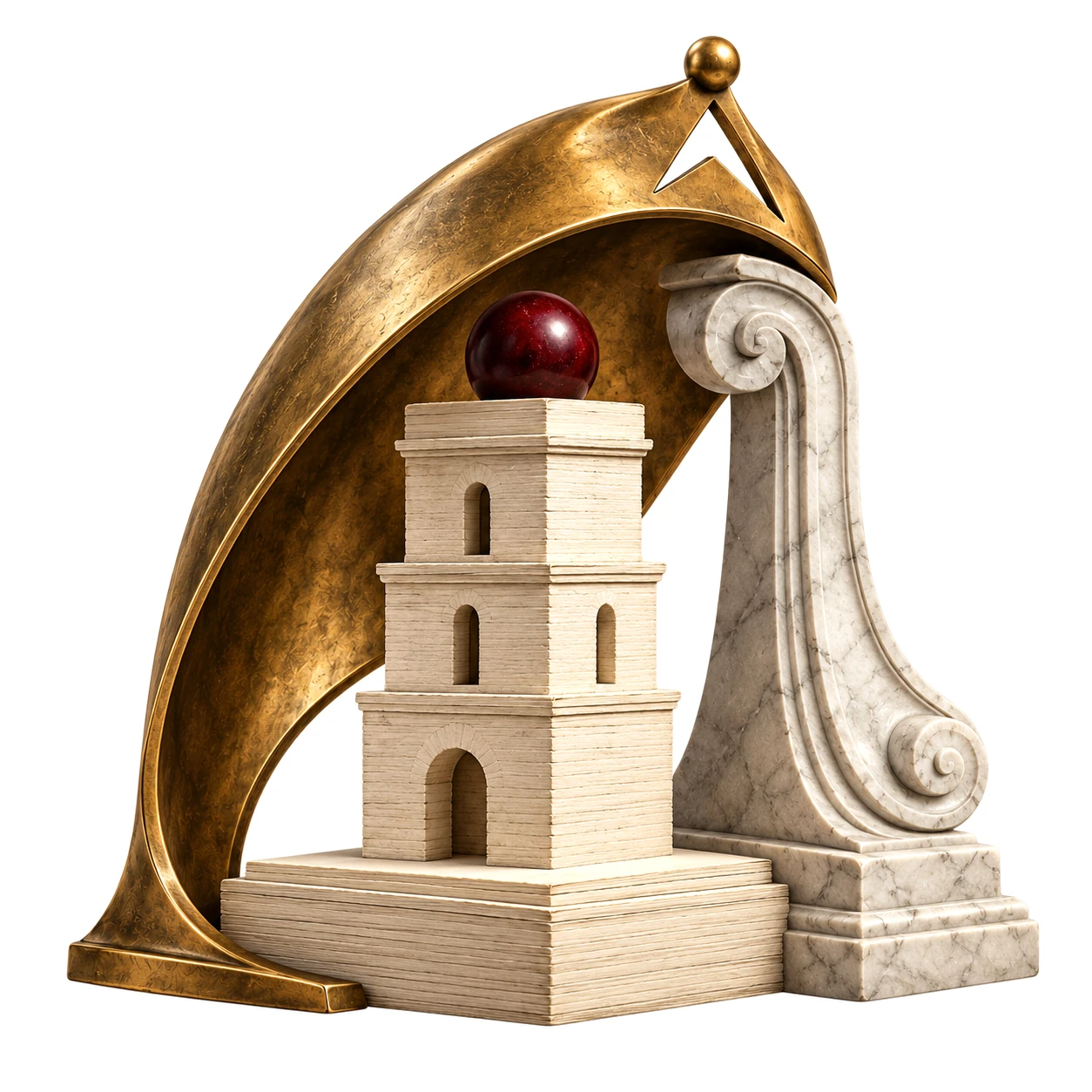 Freigestellte Komposition: Ein schützender goldener Bogen und eine Marmorsäule über einem kleinen gestuften Turm mit bordeauxroter Kugel – Metapher für Stabilität und Schutz des Erreichten.
