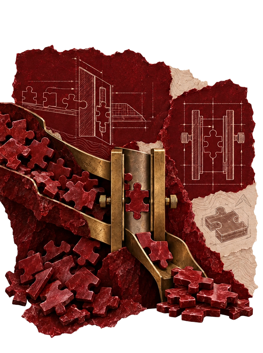 Mechanischer Messingfilter sortiert bordeauxrote Puzzleteile – Metapher für die Qualifikation passender Anfragen.