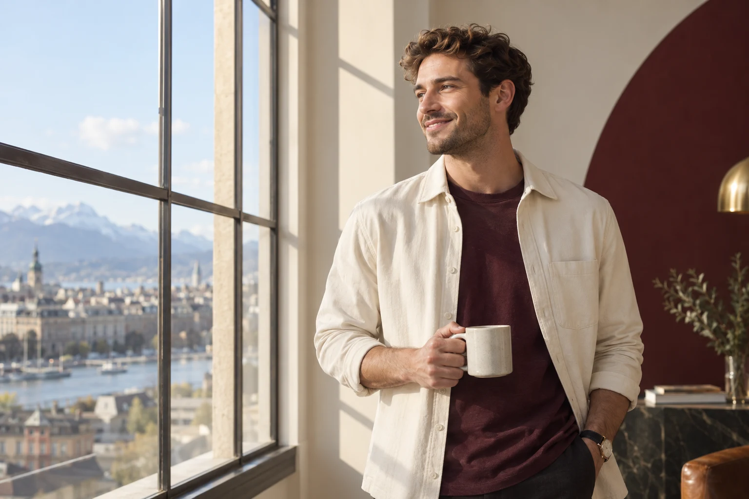 Mann mit einer Tasse am Fenster, mit Blick auf eine Stadt